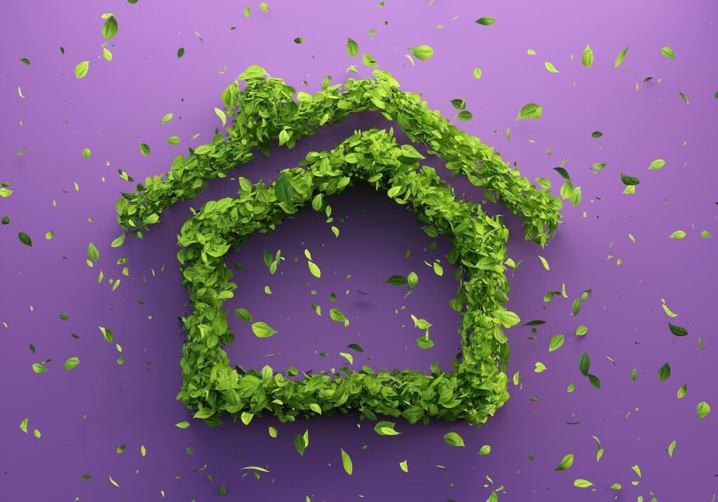 Tekening van een huis gemaakt van allemaal groene buxus blaadjes op een paarse achtergrond|landschapstekening waarin alle belangrijke aspecten naar waarde worden geschat. Denk aan de mens