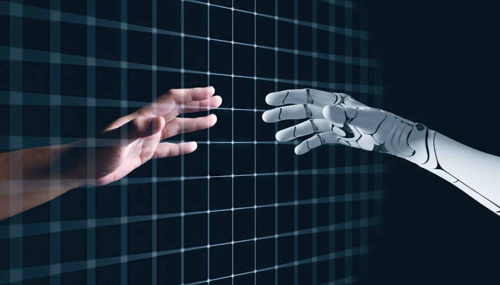 Menselijke hand rijkt naar robot hand