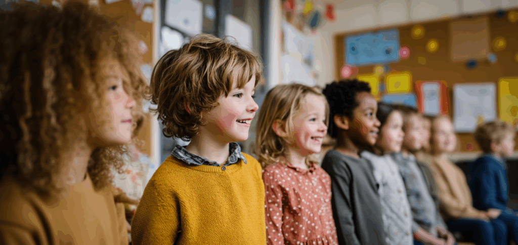 Kinderen die op een rijtje staan in een klaslokaal. AI gegenereerd beeld.