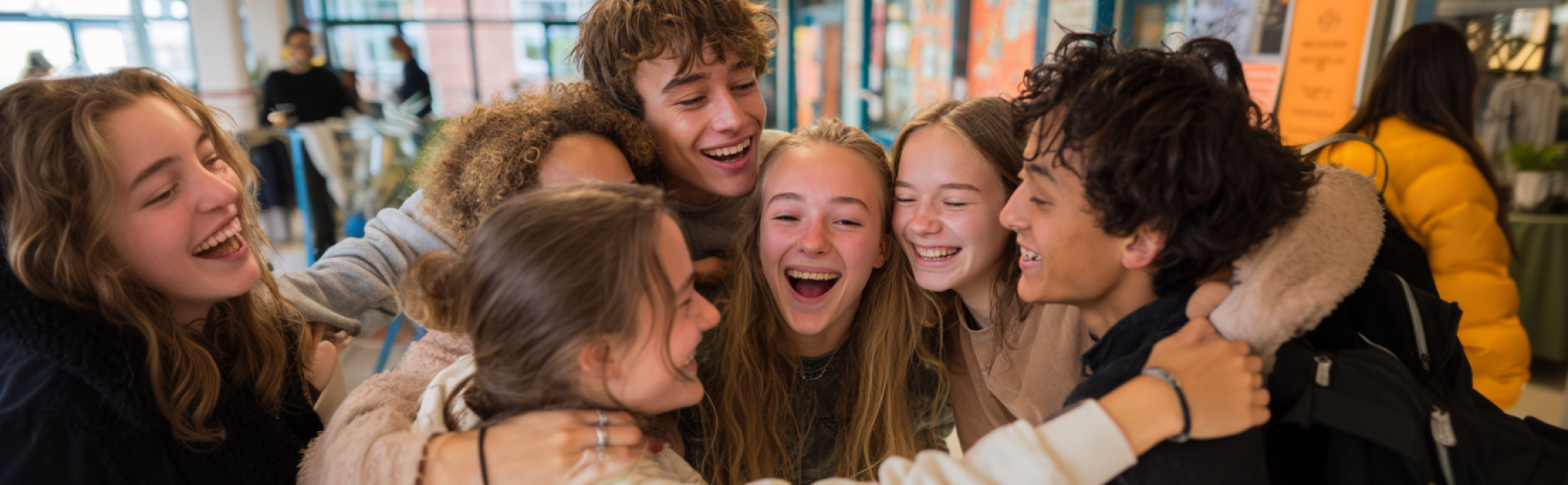 Leerlingen die elkaar een knuffel geven op school. AI gegenereerd beeld.